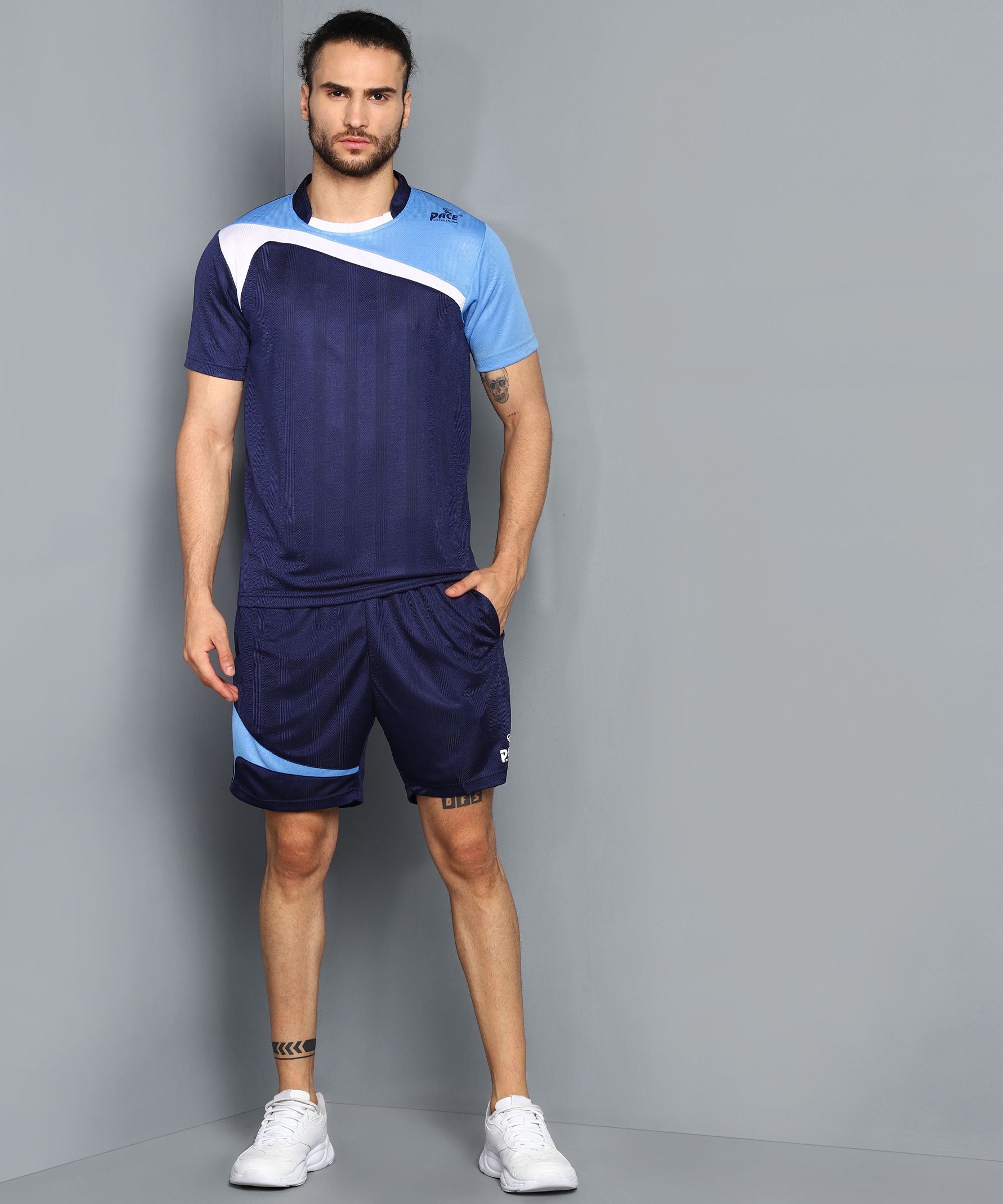 Pace International Men Football Jersey and Short (Navy Blue/ Sky) S