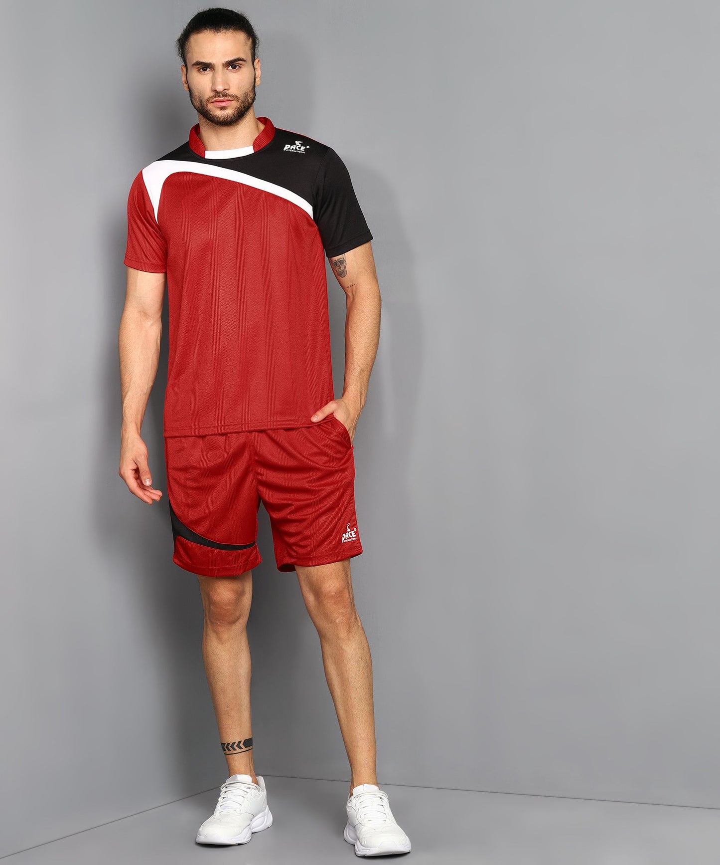 Pace International Men Football Jersey and Short (Red/ Black)