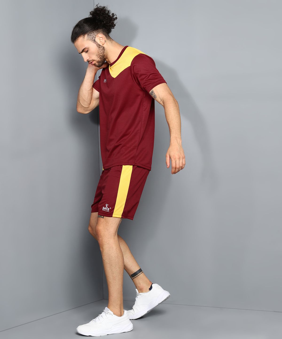 Pace International Men Football Jersey and Short (Maroon/ Yellow) M